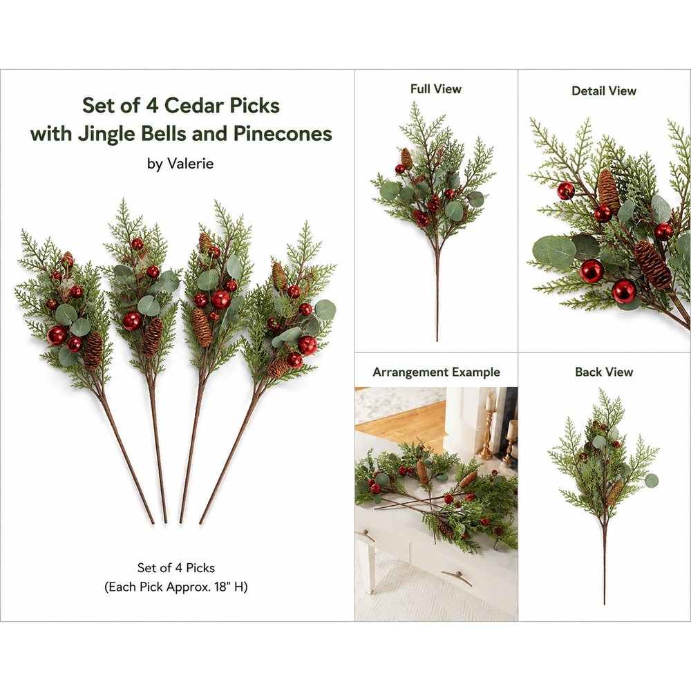 Valerie Parr Hill Set‎ of 4 Cedar Picks Jingle Bells Pinecones Green Red H223303